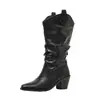 Nuevas Botas Vaqueras de Mujer para Otoño e Invierno con Punta Fina, Tacón Grueso, Diseño Plisado, Botas Vintage de Media Caña, Botas de Moda Versátiles para Mujer