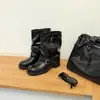 Botas de cano médio plissadas com fivela retrô para mulheres, outono, bico redondo, salto grosso, couro macio, emagrecedoras, botas de cavaleiro, botins versáteis