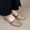 Sapatos Femininos de Salto Bloco com Solado Macio 2026 Primavera/Verão/Outono Novos Tendência Estilo Francês Couro Macio Slip-On Confortáveis Sapatos de Couro