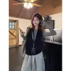 Conjunto de Moda Gris Suéter de Punto de Manga Larga Camiseta sin Mangas de Cuello Halter Superpuesta Pantalones Casuales Grises de Caída Larga para Mujer Conjunto de Tres Piezas