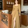 Vestido Elegante de Otoño de Color Sólido con Cuello Cuadrado, Mangas Abullonadas, Plisado, Talla Grande para Mujer, Cintura Ceñida, Abertura, Vestido Largo