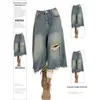 Jeans rectos para mujer de estilo americano con diseño deshilachado de borde crudo, nuevos pantalones cortos cropped vintage desgastados de verano.
