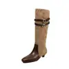 Botas de Cano Alto Meilade Vintage Retro com Fivela Salto Grosso Bico Fino Femininas Botas de Equitação Couro Bovino Genuíno