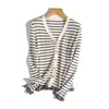 Conjunto de Dama Estilo ChanelIncluye Cárdigan/Chaleco de Punto de Lana con Cuello en V de 48 Piezas para Mujer Top Rayado con Volantes