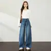 Pantalones anchos retro de estilo coreano con bordado azul, otoño 2026, de cintura alta, que cubren la cadera, adelgazantes, casuales, de mezclilla, de pierna ancha