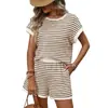 Nuevo Conjunto Casual de Dos Piezas de Moda Europea y Americana TK para Mujer Verano 2026 con Cuello Redondo, Mangas Cortas de Retazos y Pantalones Cortos