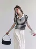 Top de punto para mujer de verano, manga corta, cuello a rayas de color contrastante, estilo francés retro, ligero, con caída, casual, corte holgado