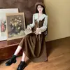 Vestido elegante de outono para tamanhos grandes, estilo francês, com blocos de cor, falso duas peças, gola boneca, para mulheres, cintura marcada, corte A, longo, transfronteiriço