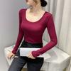 Camiseta de Algodón Acanalado con Cuello en U para Mujer, Nueva Camiseta Ajustada de Estilo Coreano con Escote Bajo para Primavera y Otoño, Top de Mujer de Moda