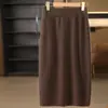 Falda recta 100% lana para mujer, cintura alta elástica, tejido liso y suave, color liso, por encima de la rodilla, falda larga para ir al trabajo