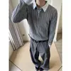Suéter tipo Henley de dos piezas falsas estilo americano Cleanfit para hombre, Otoño Estilo Old Money Tejido de punto trenzado Patchwork a rayas