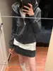 Sudadera corta para mujer, nuevo estilo de principios de otoño, talla petite, azul marino, top fino, chaqueta corta con capucha holgada estilo americano