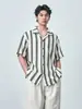 Camisa retro de estilo japonés a rayas con jacquard calado y cuello cubano de manga corta para hombre, holgada y transpirable, camisa casual de verano