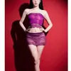 Conjunto de falda ajustada a la cadera tipo bandeau de aceite de caballo, medias de seda aceitosas y lisas, lencería con ribete de encaje, minifalda sexy transparente ultrafina para mujer