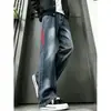 Calça jeans de trabalho listrada estilo americano para homens, nova, moderna, corte solto, versátil, high-street, descolada, perna larga, perna reta