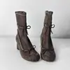 Botas Finas de Camurça com Design de Nicho para Mulheres, Novo Estilo Ballet 2026 com Laço, Salto Bloco, Zíper Lateral, Botas Curtas