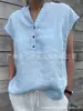 Transfronterizo 2023 Primavera Nuevo Vintage Costura Algodón y Lino Camisa Mujer Casual Cuello V Botón Manga Corta Color Sólido Algodón y Lino
