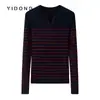 Suéter de malha fina 16 gauge canelado gola V redonda slim fit 100% caxemira pura com gola dividida em listra contrastante e textura canelada pullover para mulheres