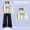 Conjunto de top com lapela xadrez retrô e blocos de cor para meninas, estilo preppy, e jeans casual versátil para primavera e outono