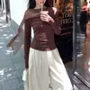 Deslumbrante Blusa de Manga Longa com Gola Halter e Babados, Caimento ao Ombro, para Mulheres, Design Slim Fit de Alto Padrão para Outono, Top Caído nos Ombros