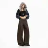 Jeans de mujer transfronterizos con corte curvo, estilo retro americano, bolsillos verticales, pantalones largos casuales de color marrón chocolate, extralargos de color marrón chocolate