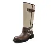 Botas de montar para mujer de piel de vaca y lona en bloques de color, nuevo estilo otoño e invierno, punta redonda, tacón medio grueso, hebilla de cinturón, botas altas estilo coreano