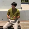 Camiseta Polo de Punto de Manga Corta Lisa de Canalé Estilo Coreano de Verano para Hombre, Estilo Ligeramente Maduro, Cuello Camisero, Suéter de Pico Pequeño Versátil
