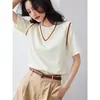 Camiseta de Manga Corta de Punto de Seda Helada Falsa de Dos Piezas con Cuello en V para Mujer, Corte Holgado con Diseño Color Block para Verano
