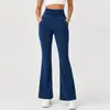 Calça Flare Jeans Stretch Azul Lavado para Mulheres, Calça Yoga Casual de Cintura Alta Plissada, Calça Jeans Longa Flare Slim