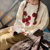 Suéter de Punto Redondo Kanon Suave y Masticable con Jacquard de Tomate para Mujer Otoño Estilo Coreano Holgado Favorecedor Top Perezoso
