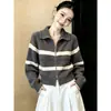 Cárdigan Abrigo de Punto con Cremallera, Cuello Solapa a Rayas, Estilo Coreano para Mujer, Holgado y Casual para Otoño e Invierno