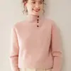 Suéter de Cashmere Puro Outono e Inverno Pulôver com Botões Tricô Feminino Gola Alta Waffle Espessado Casual Versátil Top