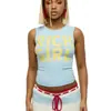 Top sin mangas de estilo europeo y americano para chica picante, con bloques de color y estampado de letras, nueva prenda exterior corta de verano ajustada para mujer