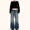 Jeans Acampanados Lavados en Azul Estilo Americano Yongfang para Hombres y Mujeres con Bigotes Tridimensionales, Pantalones Casuales Holgados de Moda Desgastados que Adelgazan