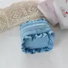 Bolso cuadrado con volantes suave estilo coreano para estudiantes, linda bolsa de almacenamiento de maquillaje de color sólido, bolsa portátil para auriculares