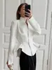 Elegante blazer feminino branco acinturado para moda transfronteiriça, design outono e inverno 2026, gola alta, terninho feminino evasê, vestuário feminino de alta qualidade