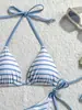 Novo Biquíni Listrado Azul e Branco com Amarração no Pescoço 2026 Europeu e Americano Sexy Triângulo Roupa de Banho de Duas Peças para Mulheres