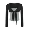 Nuevo Cardigan de Encaje con Cordones Estilo Artístico Francés Otoño 2026 Camiseta de Manga Larga para Mujer, Top de una Pieza Patchwork Falso Dos Piezas