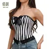 Cinturilla de corte fruncido estilo retro a rayas sin tirantes moldeador corporal control de abdomen corsé de cordones ajustados sujetador con varillas