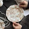 Louça de Cerâmica Marrom Floral em Relevo de Renda Estilo Francês Vintage - Tigelas, Xícaras de Café, Pires, Bules, Pratos Ovais, Pratos de Sobremesa - Atacado