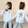 Camiseta de algodão puro com mangas compridas para meninas, outono e primavera, corte solto para crianças mais velhas, uso diário, top estiloso estampado de outono