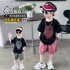 Traje de manga corta con huella dactilar plateada para niños 2025 Verano Nuevo Conjunto Deportivo Casual Guapo para Niños Ropa Infantil