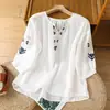 Blusa de Estilo Étnico Camisa Bordada de Algodón y Lino para Mujer Verano Bordado Grueso Cuello Redondo Mangas de Linterna Transpirable Mangas Tres Cuartos