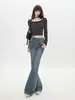 Jeans Americano Retro Micro-Flare para Mulheres 2025 Outono Novo Design de Cintura Alta Costura Calças Flare em Formato de Ferradura