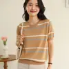 2026 Novo Top Feminino de Tricô de Algodão Manga Curta Gola Redonda Solto Color Block Listrado Estilo Coreano Camiseta Verão Tamanho Plus