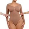 Mono de manga larga ajustado con cuello en V sin costuras para moldear el cuerpo, de gran elasticidad en la cintura y el abdomen, para mujer, con botones ocultos y estilo en T, súper vendido transfronterizo