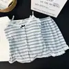 Pijama de Camisola de Encaje a Rayas Multicolor de Verano 2026 para Mujer con Copas, Conjunto de Ropa de Casa Estilo Puro Deseo