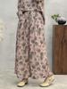 Pantalones casuales de ramio puro para mujer, de verano, estilo retro artístico, con estampado de nicho, holgados, de pierna ancha, con cordones y rectos, 199