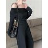 Traje Elegante de Alta Gama para Mujer 2025 Nuevo Otoño e Invierno Top de Manga Larga con un Hombro Descubierto Pantalones Largos de Pierna Ancha Conjunto de Dos Piezas
