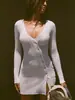 Vestido de Punto de Moda Callejera Retro Europeo y Americano para Otoño e Invierno 2025, Cuello Cuadrado, Manga Larga, Corte Ajustado, que Cubre la Cadera, con Abertura de Botones